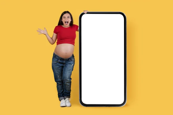 Μεγάλε Promo Έκπληκτη Νεαρή Έγκυος Γυναίκα Στέκεται Κοντά Στο Μεγάλο — Φωτογραφία Αρχείου