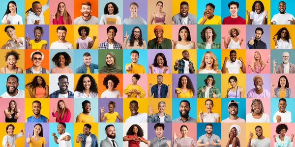 Gente Feliz Mosaico Con Diferentes Hombres Mujeres Multiétnicos Que Expresan — Foto de Stock