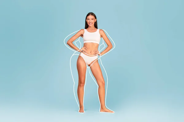 Perfect female body, slim and well fit. Woman standing in underwear.  Closeup picture of torso, arms, chest, waist and thighs, front view.  Contour vector illustration weight loss and fitness concept. 6966611 Vector
