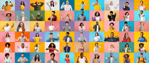 Human Emotions Concept. Portraits Of Diverse Happy People Posing Over Colorful Backgrounds, Multiple Headshots Of Cheerful Men And Women Standing Over Bright Backdrops, Creative Collage