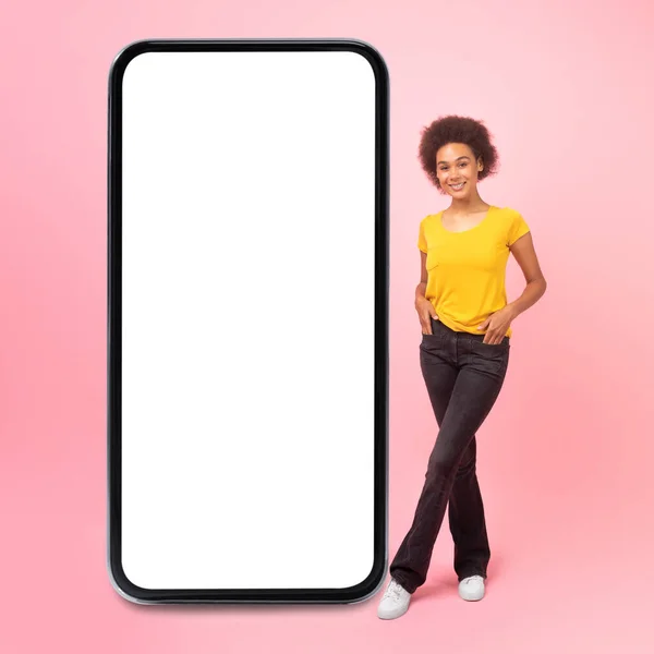 Smiling Millennial African American Curly Female Student Casual Huge Smartphone — Stock Photo, Image