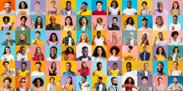 Collage Con Hombres Mujeres Multiculturales Optimistas Posando Sobre Fondos Coloridos —  Fotos de Stock