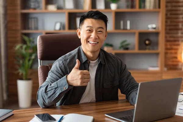 Щасливий Дорослий Азіатський Чоловік Менеджер Ceo Показує Великий Жест Столом — стокове фото