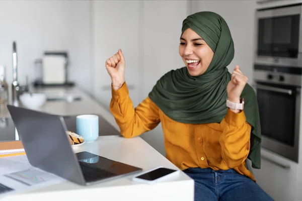 好消息 快乐的年轻穆斯林女性在希贾布庆祝成功 在厨房工作的时候用笔记本电脑庆祝成功 快乐的伊斯兰女性看着电脑屏幕 举起拳头 快乐的躺在床上 — 图库照片