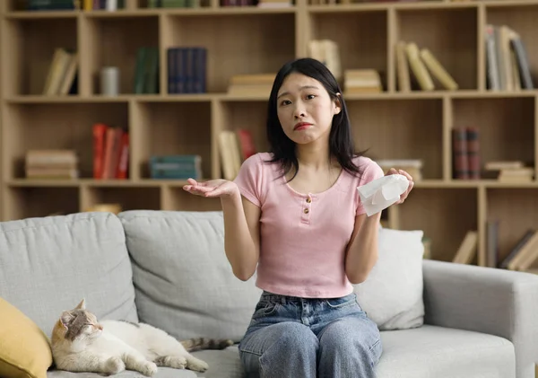 Upset korean lady holding paper tissue, having allergic to fur and suffering from running nose caused by her pet cat, sitting on sofa at home, copy space