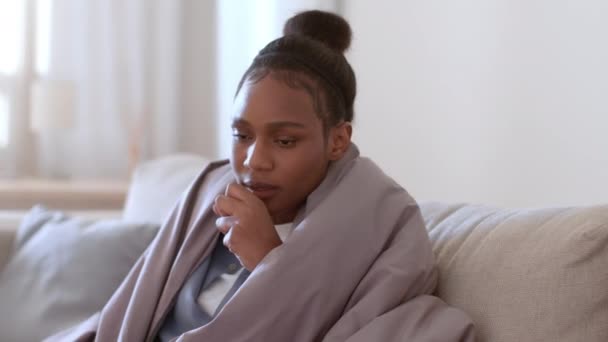 健康上の問題 若い悲しい病気のアフリカ系アメリカ人の女性は 自宅で寒さに苦しんで 彼女の鼻を吹いて ソファの上に毛布に包まれて座って 撮影を追跡し スローモーション フリースペース — ストック動画