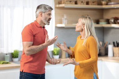 Evlilikteki çatışmalar, ilişkiler, aile terapisi kavramı. Duygusal sinirli orta yaşlı kadın ve erkek evde kavga ediyor, öfkeli olgun karı koca mutfakta tartışıyor.