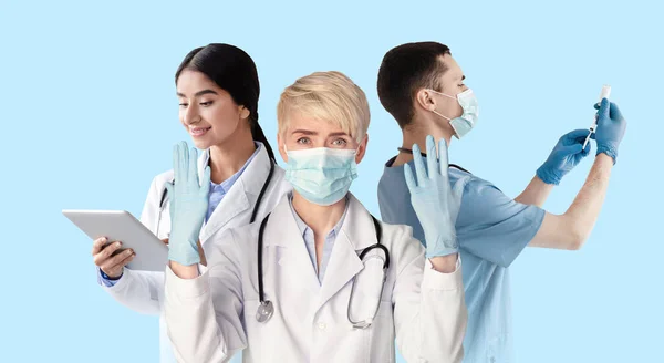 Grupo Médicos Uniforme Pie Aislado Sobre Fondo Azul Collage Creativo — Foto de Stock