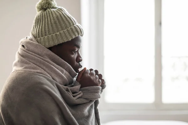 Cold Home Wintertime Closeup African American Guy Ice Hat Freezing — Stock Photo, Image