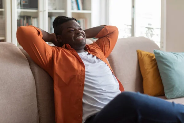 Lazy Weekend Home Happy African American Millennial Guy Casual Outfit — Stock Photo, Image