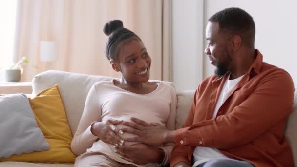 Счастливого Родительства Прекрасный Молодой Африканский Американец Беременная Женщина Ласкают Живот — стоковое видео