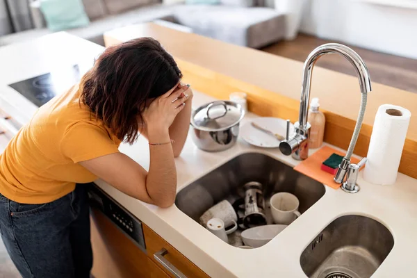 Domestic Chores Stress Depressed Housewife Looking Pile Dirty Dishes Sink — Stock Photo, Image