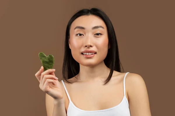 Women Beauty Trends Young Asian Lady Holding Gua Sha Lymphatic — Stock Photo, Image