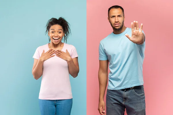 Impressed Black Lady Feeling Excited Happy Keeping Hands Chest Serious — Stock Photo, Image