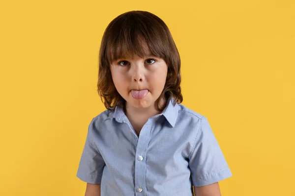 Childish Pampering Cute Little Boy Fooling Sticking His Tongue Out — Stock Photo, Image