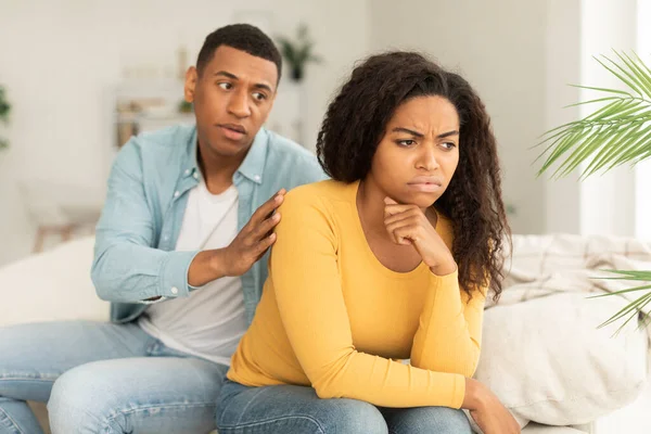 Sad husband calms offended upset millennial african american wife, ignore guy after quarrel in living room interior. Forgiveness, sorry, caring, support and emotions, relationships problems at home