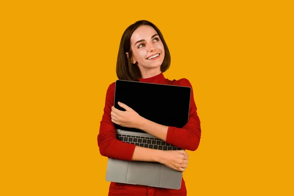 Dreamy Attractive Brunette Young Woman Red Hugging Modern Laptop Blank — Foto de Stock