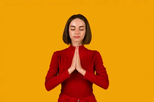 Calm Spiritual Brunette Young Woman Praying Closed Eyes Serious Peaceful — Stock Photo, Image