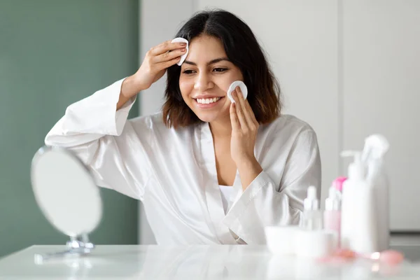 Face Care Routine Smiling Beautiful Young Middle Eastern Woman White — Stock Photo, Image