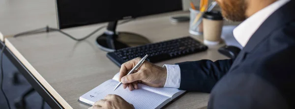 Close Businessman Sitting Desk Working Online While Using Computer Taking — Foto de Stock