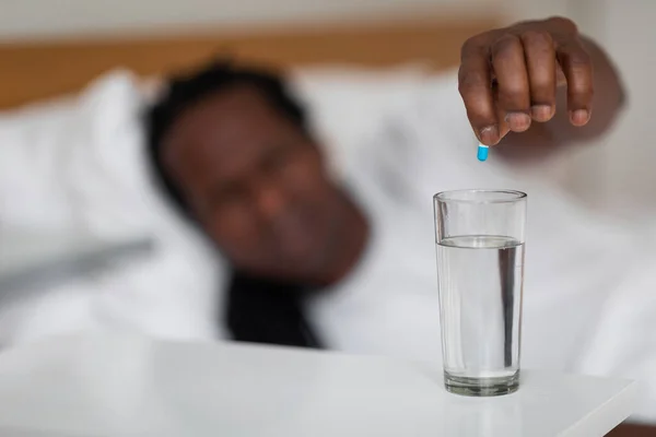 Fast Treatment Sick Black Man Putting Medicine Pill Glass Water —  Fotos de Stock