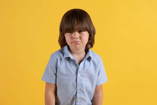 Kids Depression Studio Portrait Unhappy Little Boy Almost Crying Feeling — Stock Photo, Image