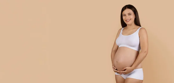 Pregnant Young Happy Woman Underwear Touching Her Belly Smiling Camera — Photo