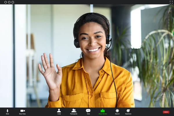 Positive African American Businesswoman Making Video Call Office Waving Hand — Zdjęcie stockowe
