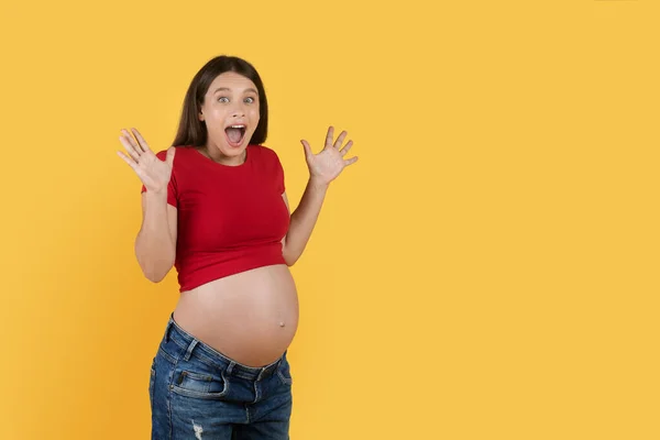 Big Sale Portrait Amazed Young Pregnant Woman Standing Yellow Background — Foto de Stock