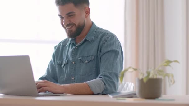Work Pleasure Young Positive Middle Eastern Guy Freelancer Typing Laptop — Stock videók
