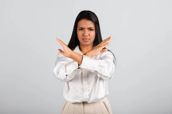 Angry Serious Confident Millennial Black Lady Stop Gesture Cross Arms — Foto de Stock