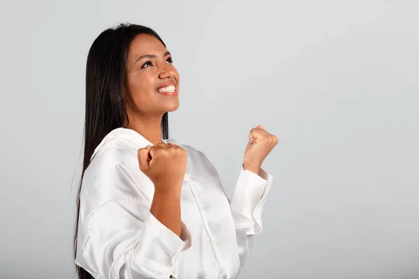 Cheerful Millennial Black Businesswoman White Blouse Make Success Victory Gesture —  Fotos de Stock