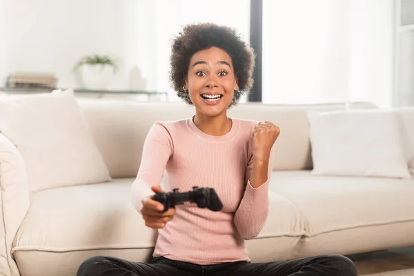Cheerful Excited Young Mixed Race Lady Joystick Playing Computer Game — Foto de Stock