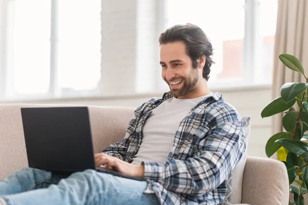 Video Call Technology Home Happy Young Caucasian Guy Sits Sofa — Foto de Stock