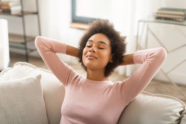 Glad Happy Young Mixed Race Woman Resting Sofa Closed Eyes — Foto Stock