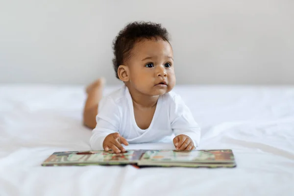 Cute African American Baby Boy Girl Relaxing Bed Book Adorable —  Fotos de Stock