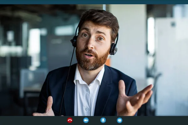 Businessman Making Video Call Office Wearing Headphones Talking Webcamera Pov — Fotografia de Stock