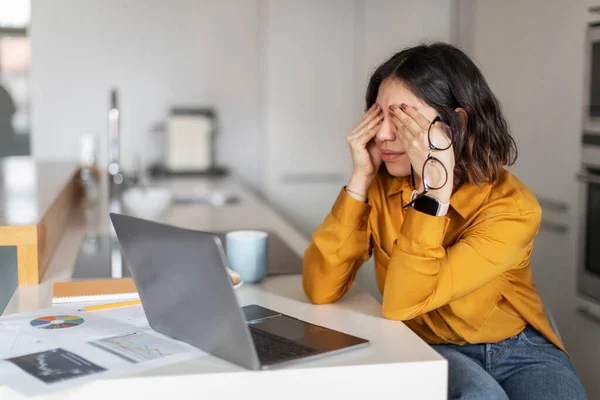 Tired Young Arab Woman Feeling Eyes Strain Using Laptop Home — Stock Photo, Image