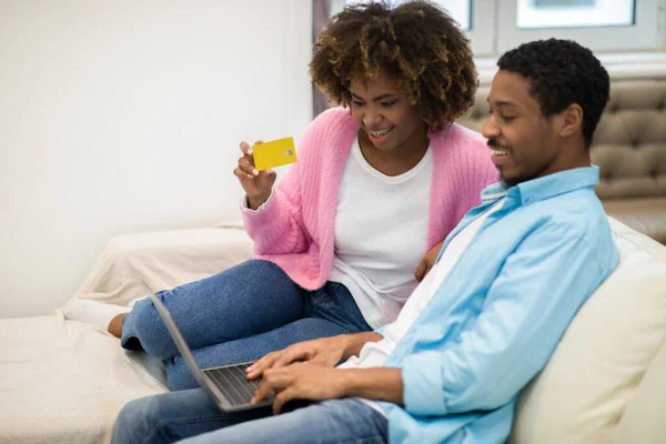 Happy Smiling Beautiful Young Black Spouses Paying Goods Services Internet — Stockfoto
