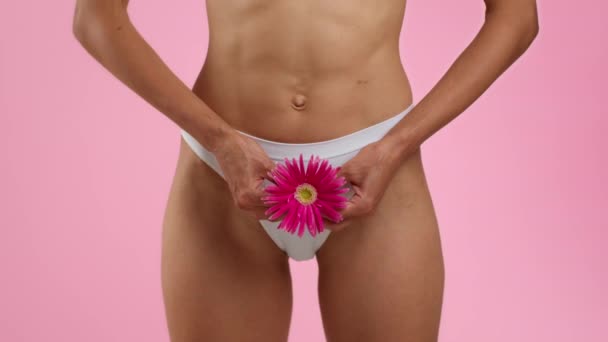 Female Health Concept Close Shot Young Unrecognizable Woman Panties Holding — Stockvideo