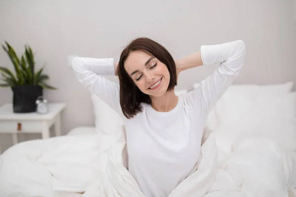 Well Rested Happy Pretty Brunette Young Lady Waking Morning Smile — Zdjęcie stockowe