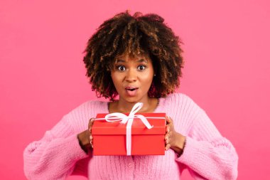Cheerful surprised millennial african american curly female show gift box, enjoy holiday celebration, isolated on pink background, studio. Great present, emotions, ad and offer for birthday, New Year