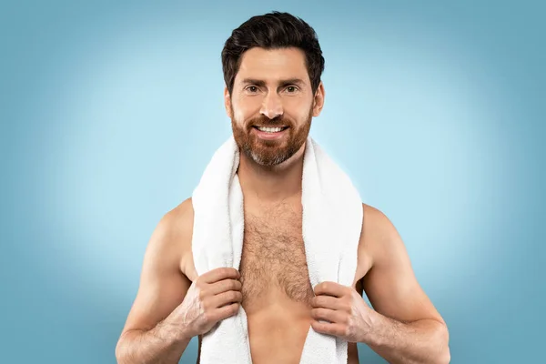 Portrait Happy Shirtless Bearded Man Towel Neck Posing Blue Studio — Stockfoto