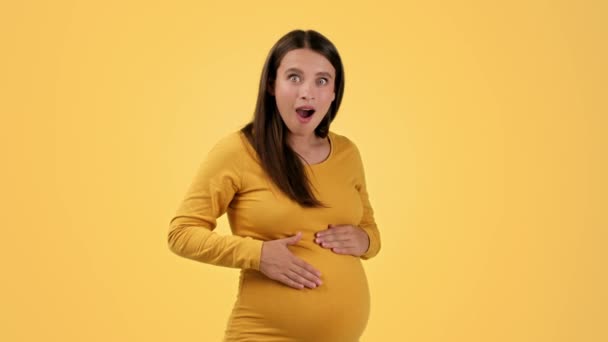 Baby Activity Young Excited Pregnant Woman Touching Her Belly Enjoying — Stockvideo
