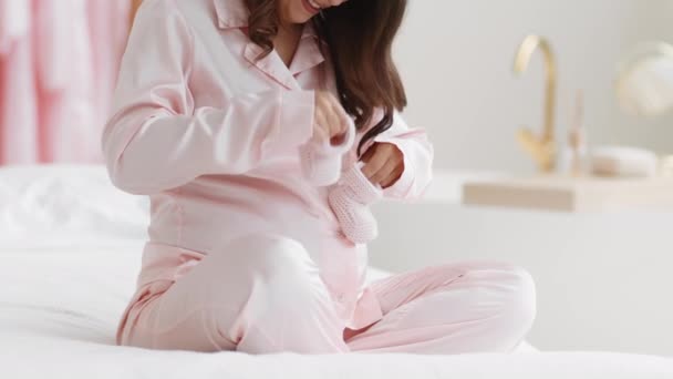 Happy Pregnancy Time Unrecognizable Loving Woman Pajamas Playing Her Baby — Vídeos de Stock