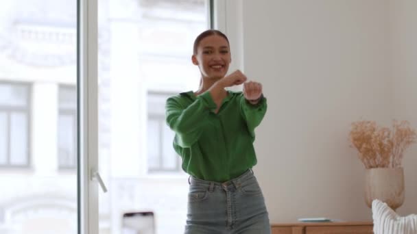 Modern Social Media Trends Young Positive Millennial Woman Dancing Home — Stockvideo