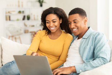 New normal and chat at home. Cheerful young african american couple watch video on laptop, have video call, surfing in internet, sit on sofa in living room interior. Meeting, shopping, ad and offer