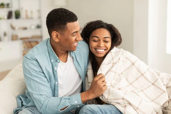 Cheerful young african american guy wraps lady in blanket, couple enjoys warm together, sitting on sofa in living room interior. Care and support in winter, romance, love and relationships at home