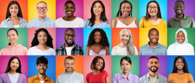 Diverse Happy People Of Different Age And Ethnicity Posing Over Colorful Backgrounds, Portraits Of Positive Multicultural Men And Women Looking And Smiling At Camera, Creative Collage, Panorama