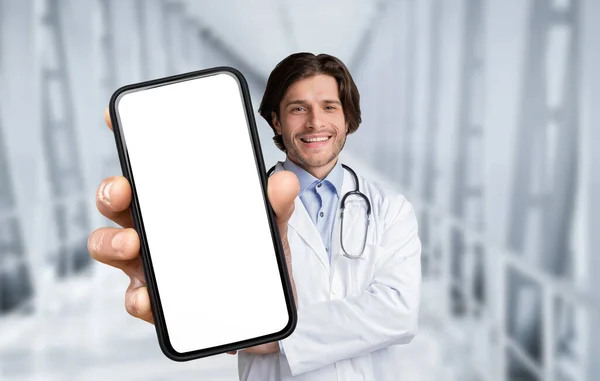 Handsome Male Doctor Uniform Holding Big Blank Smartphone Hand While — Stok fotoğraf